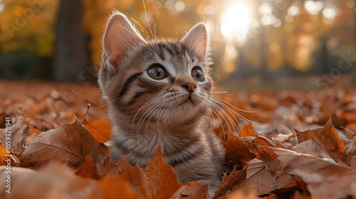 A Curious Kitten Among Autumn Leaves