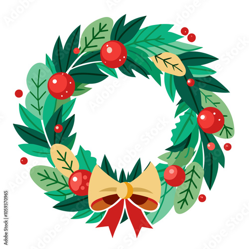 A detailed holiday wreath illustration with a decorative bow, perfect for Christmas, holiday, or seasonal designs that emphasize warmth, tradition, and celebration.