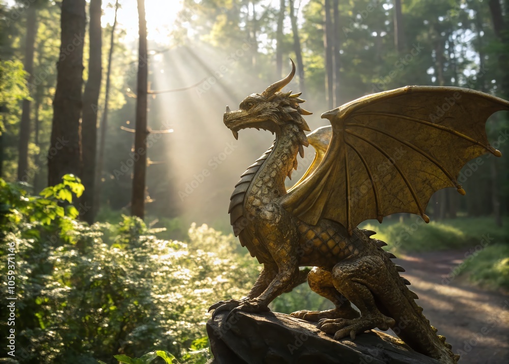 Majestic Goldenwinged Dragon in Serene Forest - Fantasy Creature Photography Majestic Goldenwinged Dragon in Serene Forest - Fantasy Creature Photography