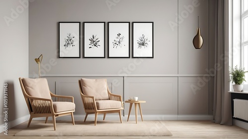 High resolution living room interior image design template with colour sofa and photo frames on the wall