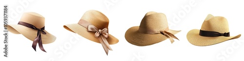 Stylish Wide-Brimmed Hats with Ribbon Bands on White Background