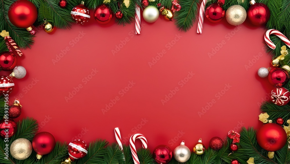 Elegant Christmas frame with festive ornaments, candy canes, and pine branches on a vibrant red background - AI Generative Elegant Christmas frame with festive ornaments, candy canes, and pine branches on a vibrant red background - AI Generative