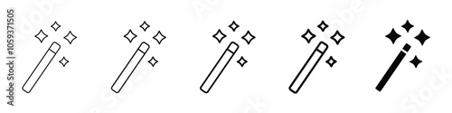 Set of 5 Magic wand icon - 1 Silhouette - 1 unexpanded vector - Black magic wand of dark magic with magical staffs with varying attributes and sparkles