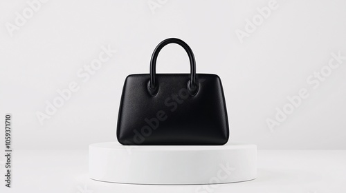 Elegant Black Designer Handbag on White Pedestal Illuminated by Soft Light for Luxury Fashion Display