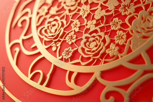 red background chinese style and gold decoration with generative ai
