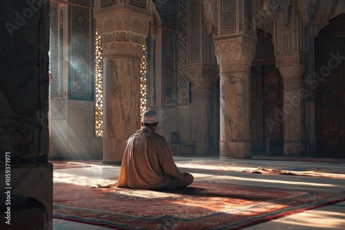 Devout Muslim man praying in mosque.