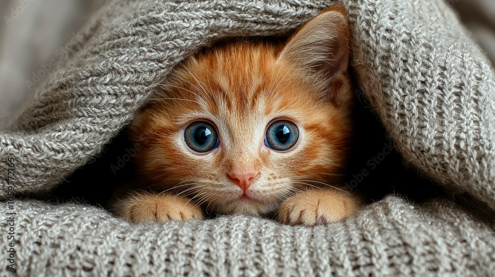 A Ginger Kitten Peeking Out From Under a Gray Blanket A Ginger Kitten Peeking Out From Under a Gray Blanket