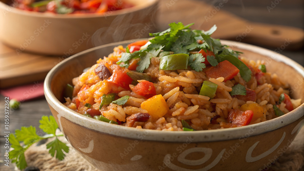 Close-up of flavorful Mexican rice with diced vegetables, garnished with fresh cilantro, served in a rustic bowl. Generative AI Close-up of flavorful Mexican rice with diced vegetables, garnished with fresh cilantro, served in a rustic bowl. Generative AI