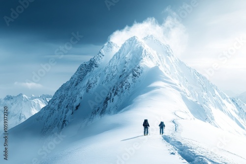 Snow-covered mountain climbers ascending a peak under dramatic clouds at dawn in winter