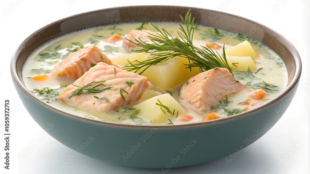 Creamy Finnish salmon soup served in a deep bowl with potatoes and herbs for a hearty winter meal. Generative AI Creamy Finnish salmon soup served in a deep bowl with potatoes and herbs for a hearty winter meal. Generative AI