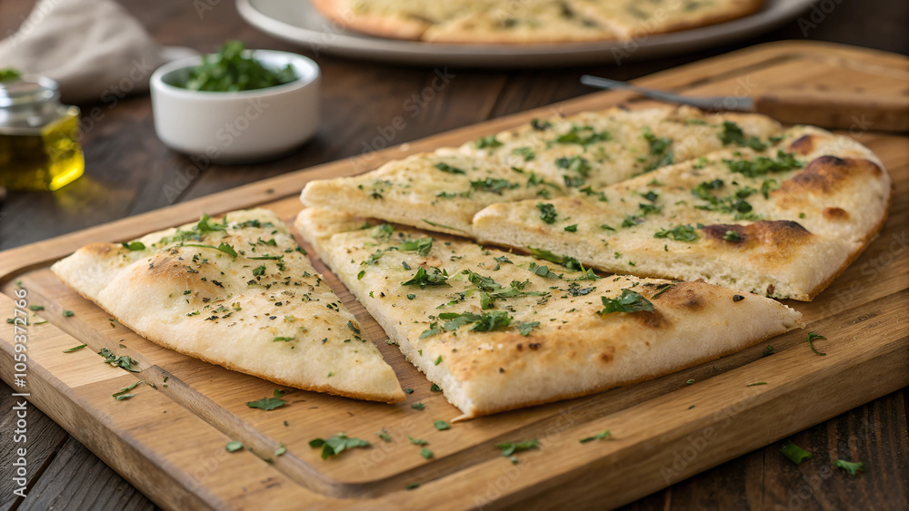Lightly toasted flatbread topped with herbs served on a wooden board in a cozy kitchen setting. Generative AI Lightly toasted flatbread topped with herbs served on a wooden board in a cozy kitchen setting. Generative AI