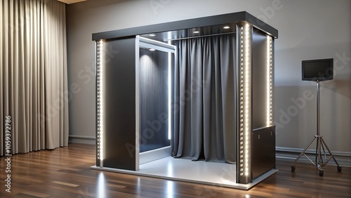Elegant photo booth with LED lights and curtains in a modern event space