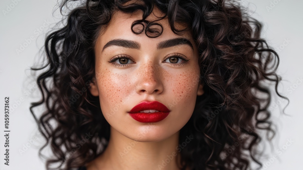 Close-up portrait of a woman with curly hair and bold red lips, showcasing beauty and confidence. Close-up portrait of a woman with curly hair and bold red lips, showcasing beauty and confidence.
