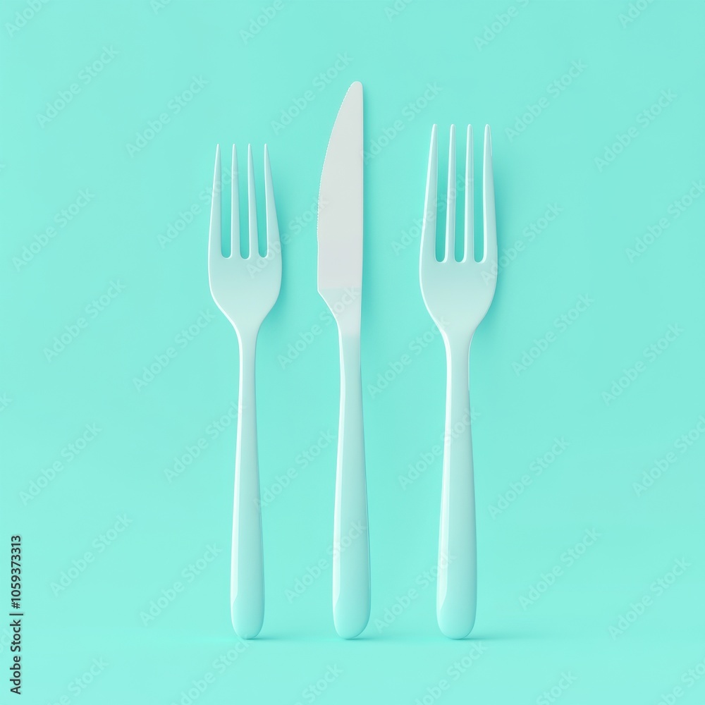 Minimalist Dining Utensils on Pastel Turquoise Background Minimalist Dining Utensils on Pastel Turquoise Background