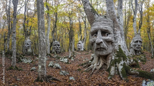 Bizarre scenery of a forest where the trees have human faces photo