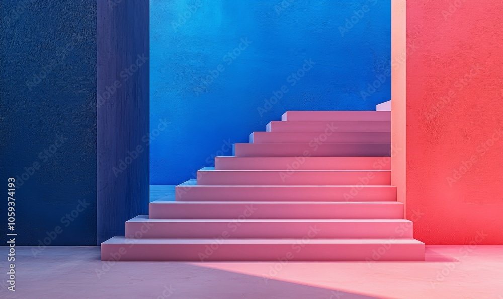 Fototapeta premium Pink Steps Leading Up to a Blue Wall, 3D Render, Minimalist Architecture, Geometric Shapes, Blue, Pink, Minimalism