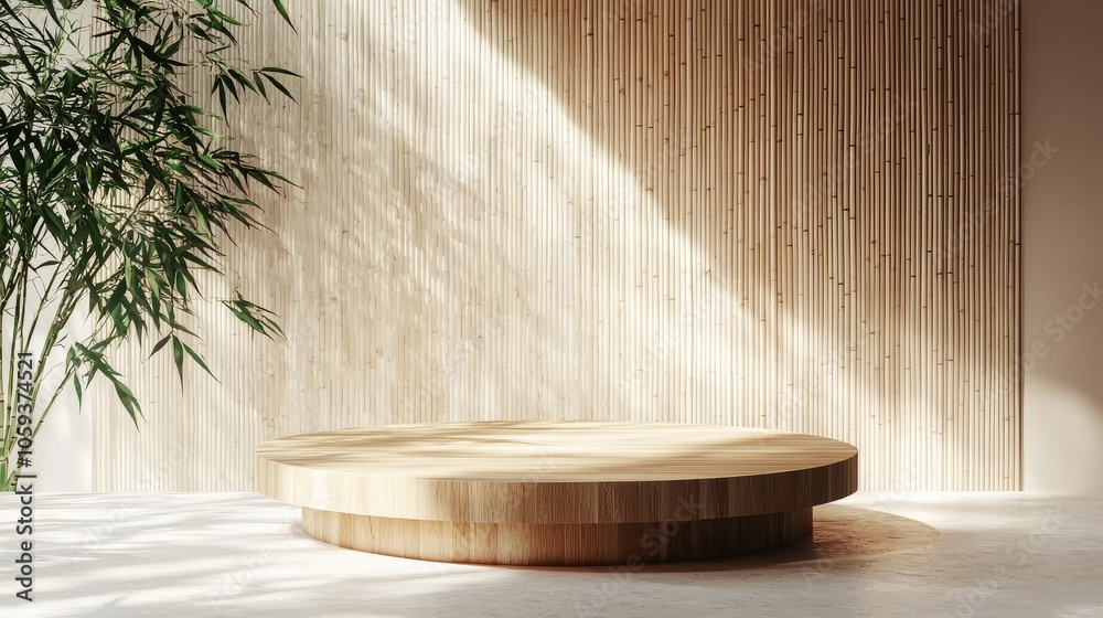 Wooden Podium With Bamboo Wall and Sunlight, Minimalist, Product Display, Mockup, Bamboo wall, Product photography, Mockup design