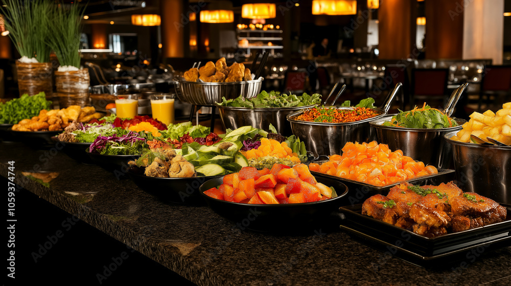 A Culinary Paradise: A vibrant buffet table overflowing with delicious food, from fresh salads to roasted meats, promises a tantalizing culinary experience. A Culinary Paradise: A vibrant buffet table overflowing with delicious food, from fresh salads to roasted meats, promises a tantalizing culinary experience.
