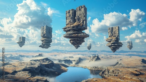 Bizarre scenery with twisted landscapes and floating rocks in a surreal world photo