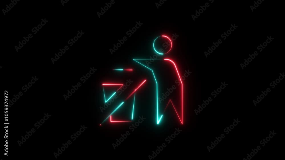 man icon animation red aquamarine color, Neon line glowing of waste bins full of different types of garbage, recycling and separate waste collection concepts isolated black background. man icon animation red aquamarine color, Neon line glowing of waste bins full of different types of garbage, recycling and separate waste collection concepts isolated black background.