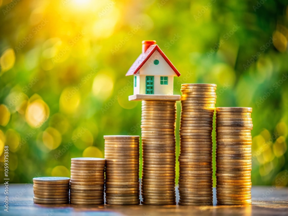 Mini House on Stack of Coins Symbolizing Property Investment, Passive Income, Income Generation, and Tax Benefits in Real Estate Finance Mini House on Stack of Coins Symbolizing Property Investment, Passive Income, Income Generation, and Tax Benefits in Real Estate Finance