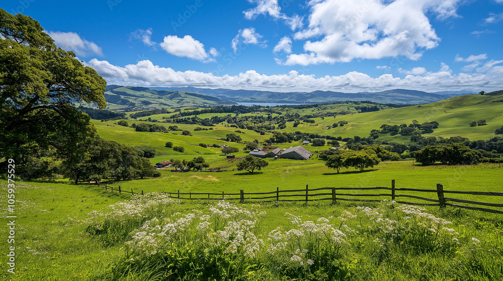 Rolling Hills and Blue Skies: A picturesque scene of rolling green hills, a wooden fence, and a farmhouse nestled among the trees, with a bright blue sky dotted with fluffy white clouds. Rolling Hills and Blue Skies: A picturesque scene of rolling green hills, a wooden fence, and a farmhouse nestled among the trees, with a bright blue sky dotted with fluffy white clouds.