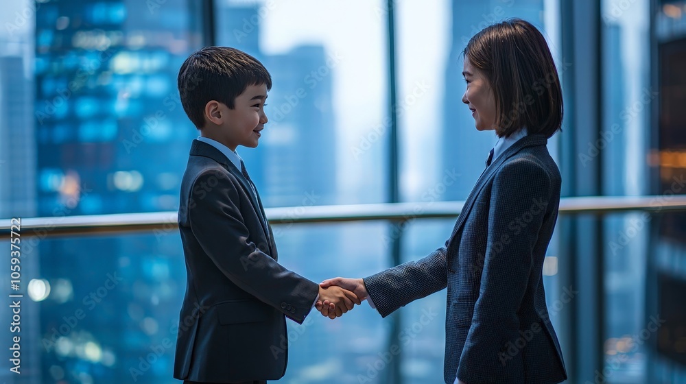 Child dressed as a businessman, confidently shaking hands with an adult, in a high-rise office environment Child dressed as a businessman, confidently shaking hands with an adult, in a high-rise office environment