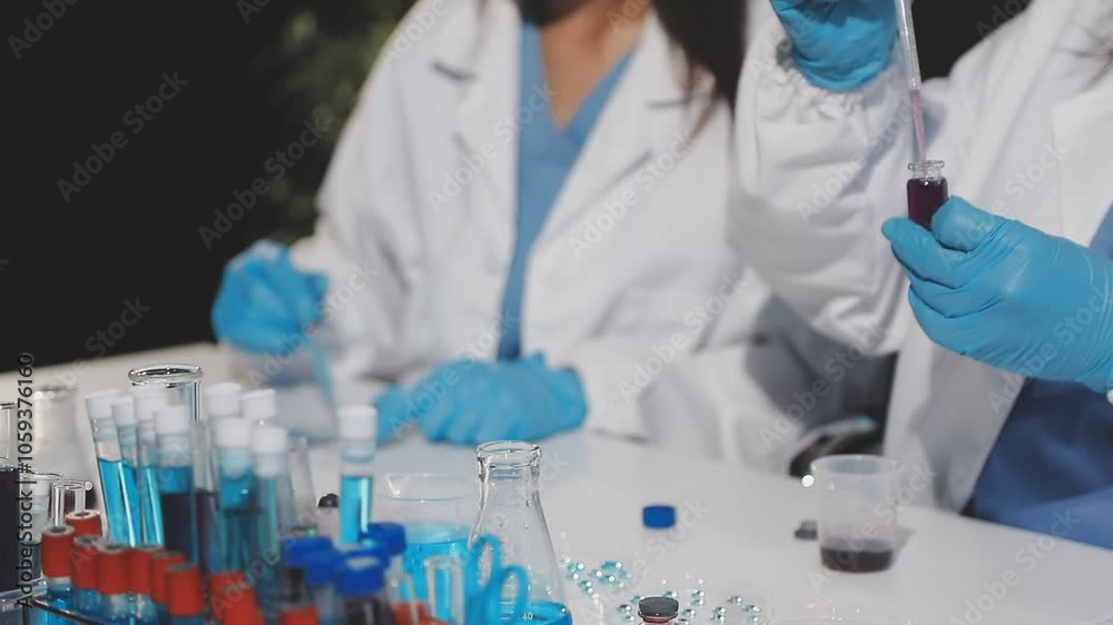 Biochemistry, scientist pipetting a sample into a test tube during an experiment in the lab. Biochemistry, scientist pipetting a sample into a test tube during an experiment in the lab.