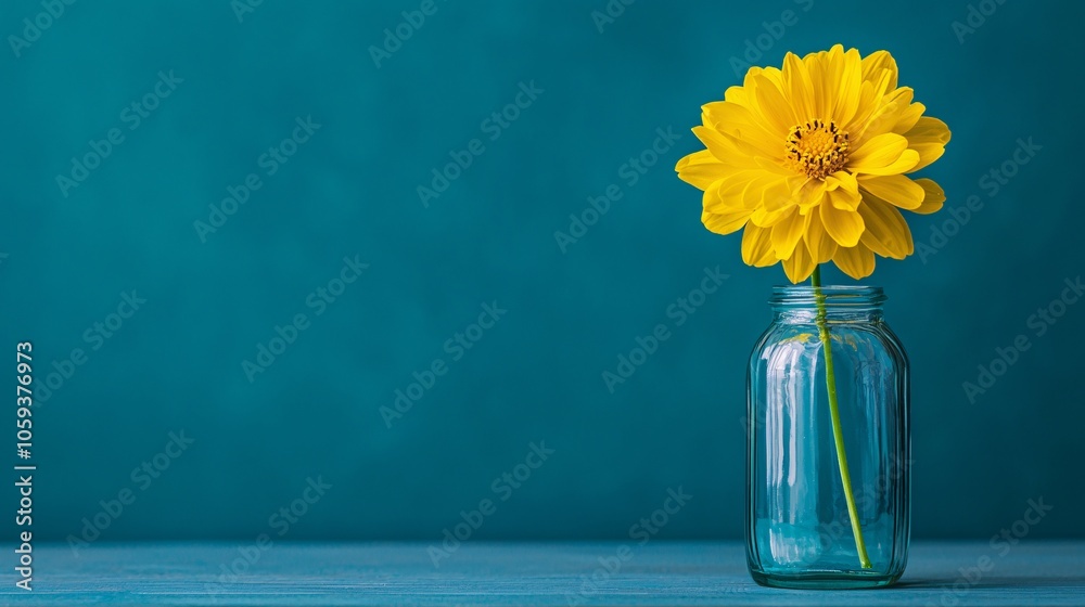 Bright and Cheery Yellow Flower in Glass Vase on Blue Background with Natural Lighting. Bright and Cheery Yellow Flower in Glass Vase on Blue Background with Natural Lighting.