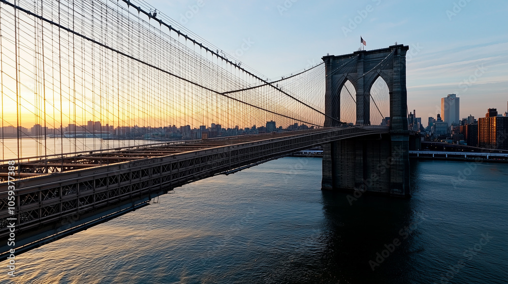 Fototapeta premium The Brooklyn Bridge at Sunset with Golden Light Reflections on the River