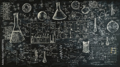 Blackboard Featuring Chemistry, Physics, and Math Diagrams