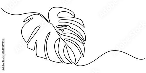 Continuous line drawing  of a Monstera  isolated on white background, Leaf monstera continuous one line art drawing of outline vector illustration, Continuous one line drawing of monstera leaf.