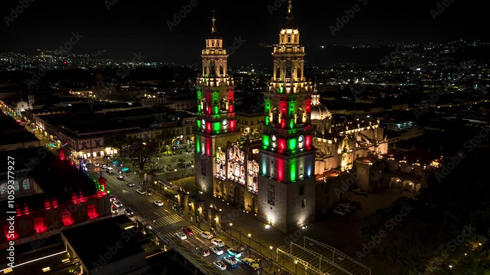 Catedral de Morelia en mes patrio con los colores de la bandera de México Catedral de Morelia en mes patrio con los colores de la bandera de México