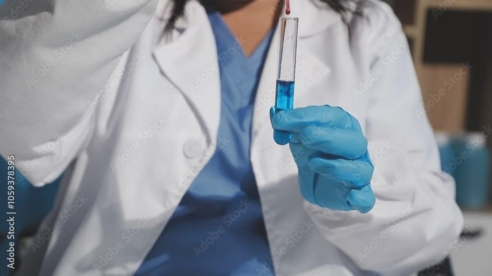 Biochemistry, scientist pipetting a sample into a test tube during an experiment in the lab. Biochemistry, scientist pipetting a sample into a test tube during an experiment in the lab.