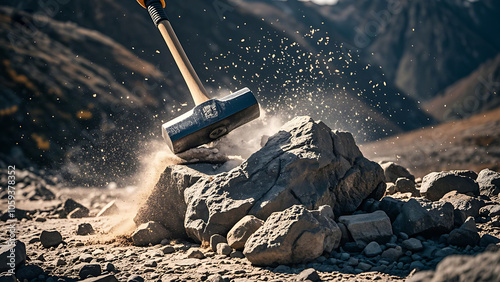 A sledgehammer smashes a rock, creating a cloud of dust and debris that fills the air around it.