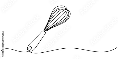 Continuous one line drawing whisk. Stock vector illustration, Whisk Kitchen Icon In Line Style, Recipe continuous line drawing with color shapes, Beater Continuous Line Icon, Vector continuous