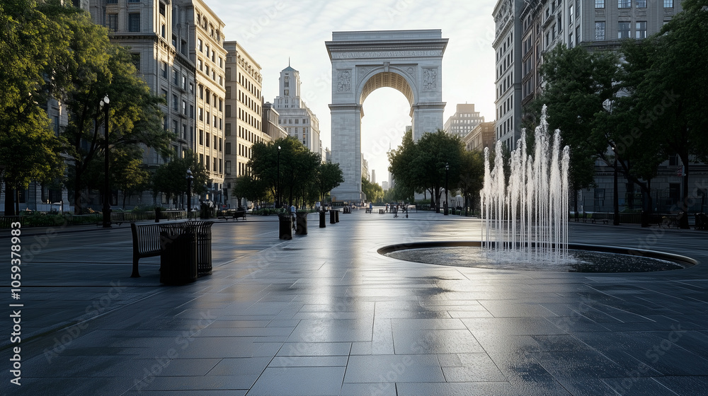 Obraz premium The Washington Square Arch and Fountain Bathed in Soft Evening Light