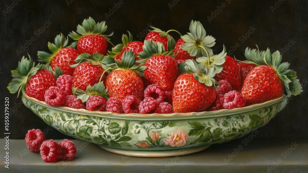 Fresh Strawberries and Raspberries in Beautiful Bowl Fresh Strawberries and Raspberries in Beautiful Bowl