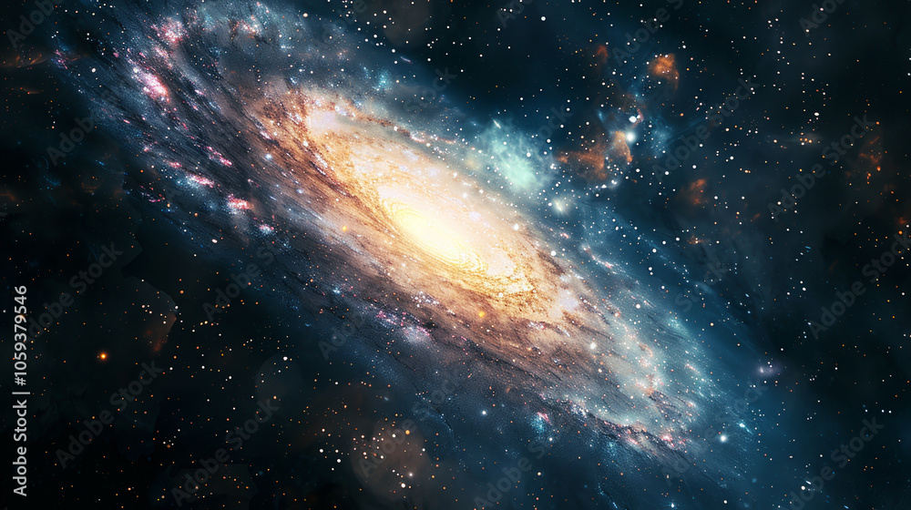 Fototapeta premium A spiral galaxy with bright centers and intricate arms glows against the darkness of space, highlighting the beauty and complexity of the cosmos