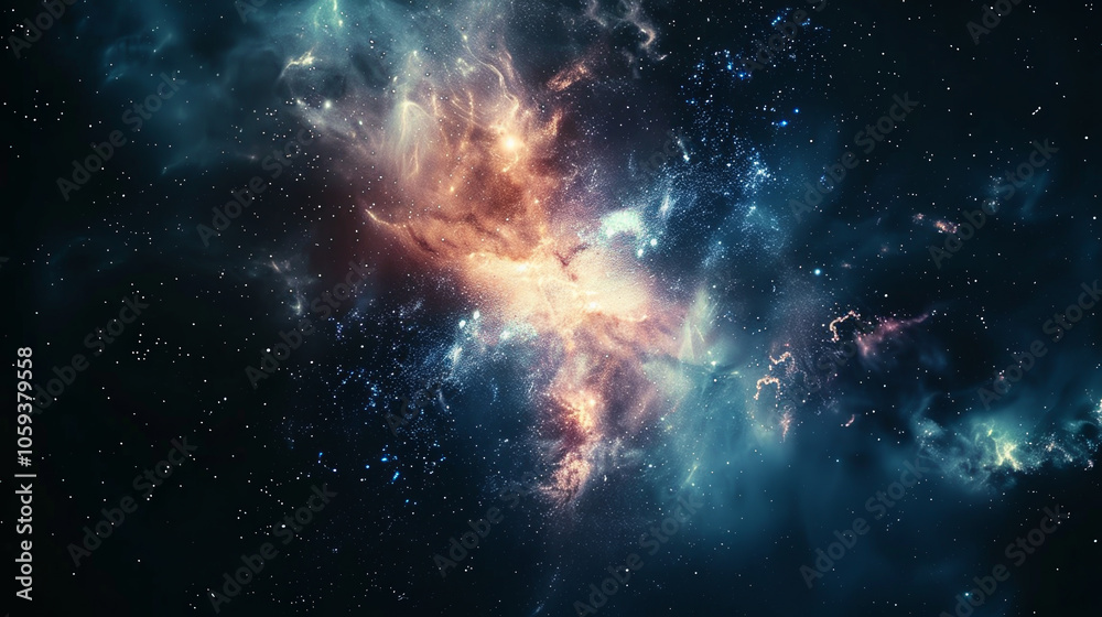 A bright nebula expands across the dark expanse of space, showcasing swirling clouds of gas and dust illuminated in rich hues of orange, blue, and purple, creating a breathtaking celestial view
