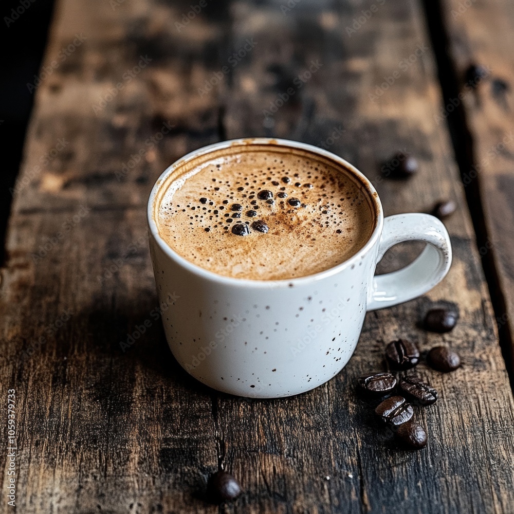 A close-up of a white coffee cup with frothy coffee sits on a rustic wooden surface, complemented by scattered coffee beans, Ideal for coffee-related articles, blogs, or marketing materials, A close-up of a white coffee cup with frothy coffee sits on a rustic wooden surface, complemented by scattered coffee beans, Ideal for coffee-related articles, blogs, or marketing materials,