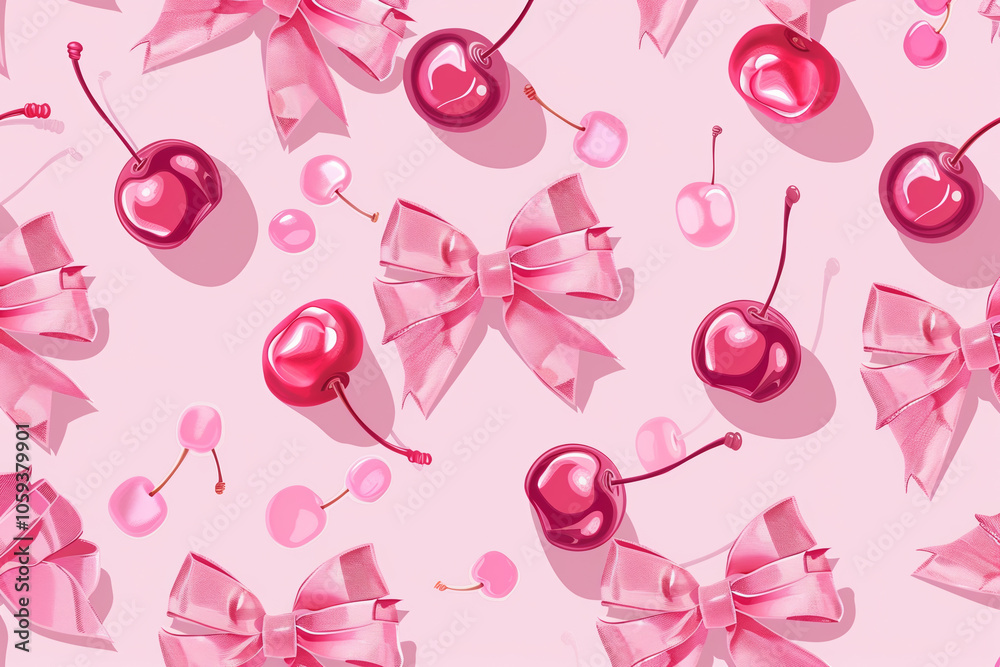 A vibrant pattern showcases various cherries adorned with hearts alongside elegant pink bows against a soft pastel backdrop, creating a playful yet stylish aesthetic A vibrant pattern showcases various cherries adorned with hearts alongside elegant pink bows against a soft pastel backdrop, creating a playful yet stylish aesthetic