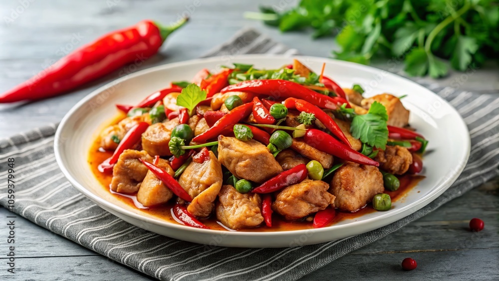 Minimalist Stir Fried Chicken with Chili Paste - Authentic Thai Cuisine, Colorful Ingredients, and Simple Presentation for Food Photography Lovers Minimalist Stir Fried Chicken with Chili Paste - Authentic Thai Cuisine, Colorful Ingredients, and Simple Presentation for Food Photography Lovers