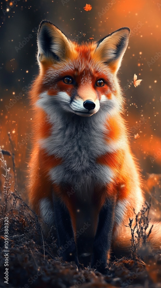 Fototapeta premium A fox is standing in a field of grass with leaves falling around it. The fox is looking at the camera with a curious expression
