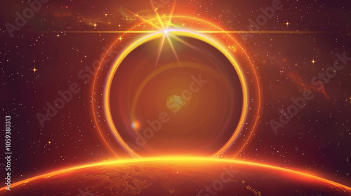 The solar eclipse unfolds above a distant planet, exhibiting a brilliant halo of light. The striking contrast between the sun and the eclipse creates a mesmerizing cosmic display