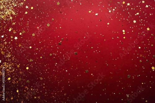 Red Luxury Background with golden confetti and stars. Red foil texture background. Christmas and Happy New Year banner with confetti. with generative ai