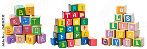 Set of stack alphabet blocks with bright letters isolated on transparent background