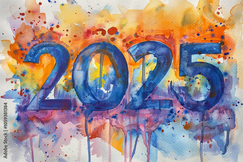 Obraz premium A large, bold depiction of the year 2025 stands out against a vibrant, abstract watercolor backdrop featuring splashes of color and texture