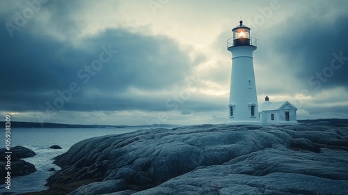 Against a backdrop of ominous clouds, a solitary white lighthouse stands as a beacon of hope on a rocky coastline, amidst the sea's embrace.