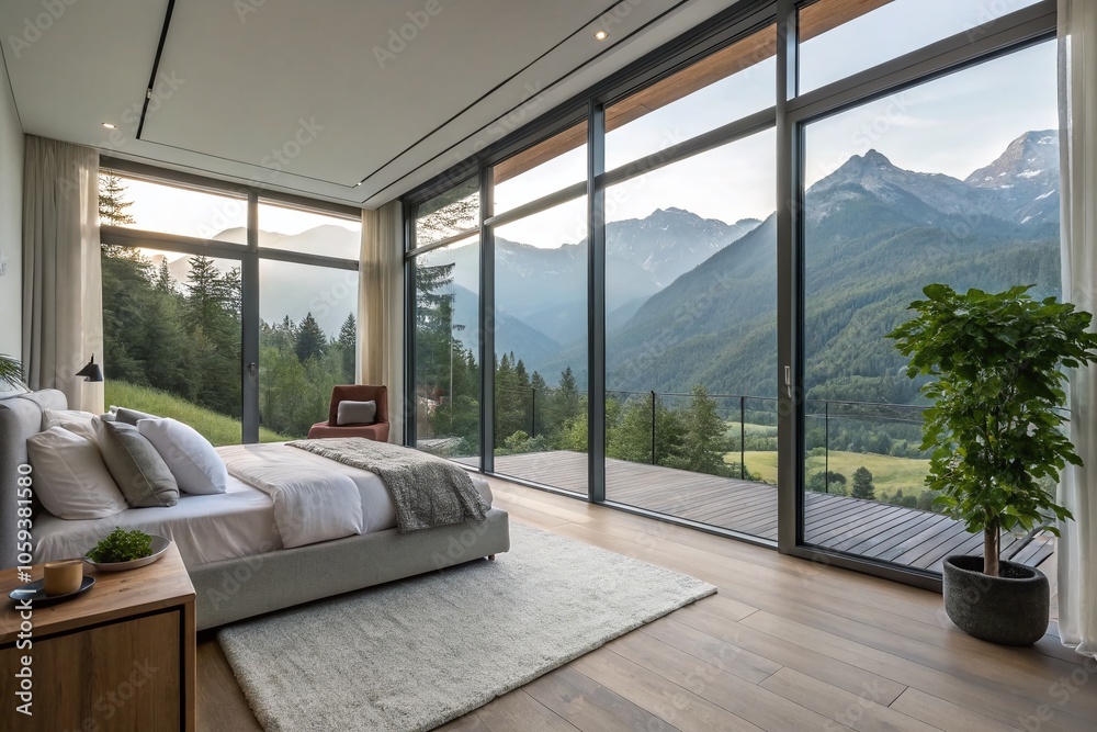 Modern Bedroom with Mountain View and Large Windows for Relaxation and Serenity Modern Bedroom with Mountain View and Large Windows for Relaxation and Serenity